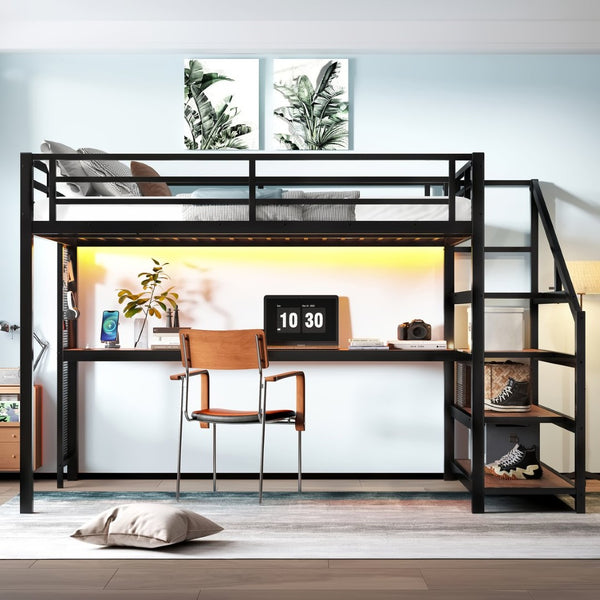 English Elm Queen Loft Bed With Desk, Storage Stairs, Led Lights & Usb Ports – Perfect For Modern Living Spaces! W1580S00477-GIGA