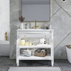 English Elm 35.6" Freestanding Bathroom Vanity with Roman Column Base and Ceramic Integrated Sink White W1801S00001