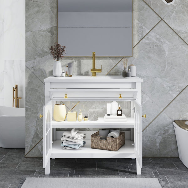 English Elm 35.6" Freestanding Bathroom Vanity with Roman Column Base and Ceramic Integrated Sink White W1801S00001