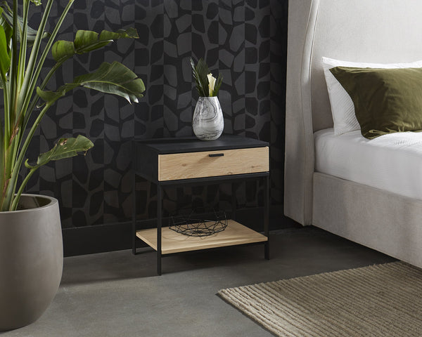 Sunpan Rosso Modern Industrial Nightstand with Soft Close Drawer, Rustic Oak Veneer & Black Iron Legs