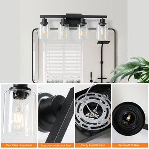English Elm 24" Modern Black 4-Light Wall Sconce Bathroom Vanity Light With Clear Glass Shades For Stylish Illumination W2312P374790