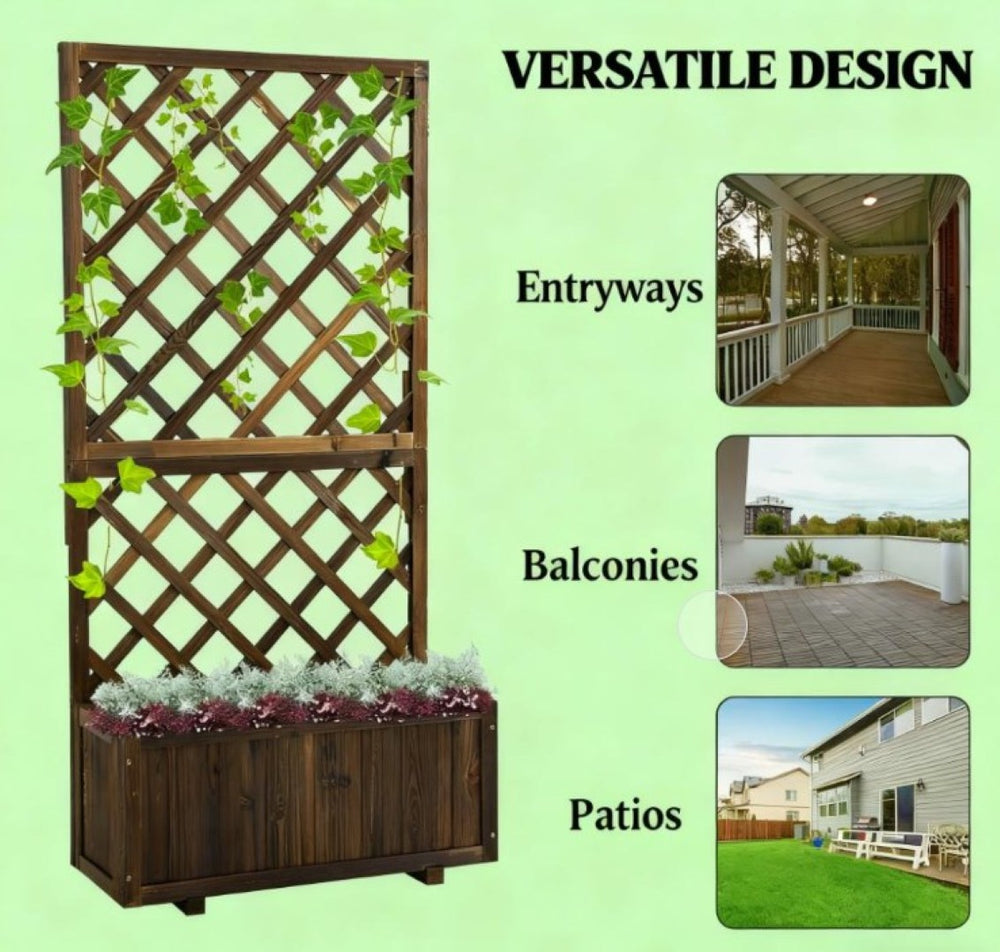 English Elm Garden Raised Planter Box Solid Fir Wood with Vertical Trellis for Climbing Vines Patio T3971P423195