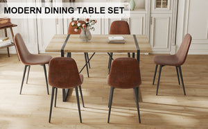 English Elm Table And Chair Set: Modern Medieval Dining Ensemble With 6 Ergonomic Brown Techno-Fabric Chairs W1151S04213-GIGA
