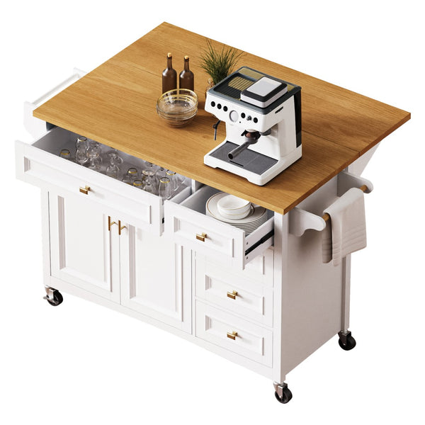 English Elm K&k Farmhouse Rolling Kitchen Island Oak Veneer Top with Drop Leaf and Storage Drawers White N707S195393W