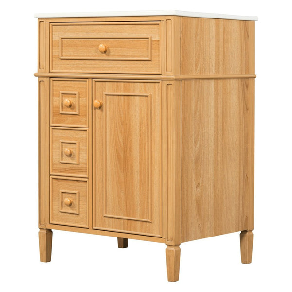 English Elm 24" Solid Pine Bathroom Vanity Cabinet with Ceramic Sink Soft Close Drawers N725P375500N
