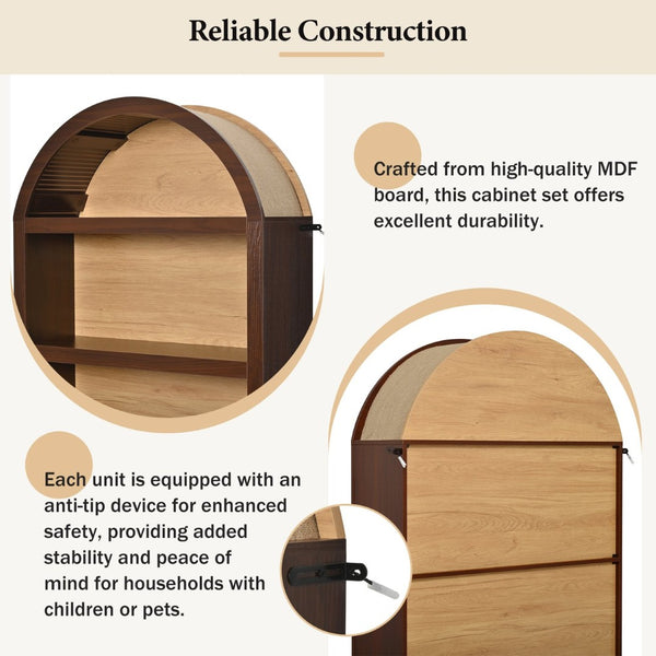 English Elm On-trend Farmhouse Two-tone Bookcase Set Arched Fabric Crown Open 5-tier Shelving Walnut N721P411205P
