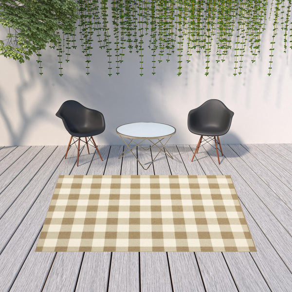 Homeroots 7' X 10' Gray And Ivory Geometric Stain Resistant Indoor Outdoor Area Rug Tan,Ivory Polypropylene 507018