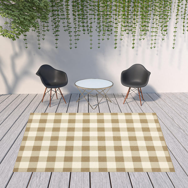 Homeroots 8' X 11' Gray And Ivory Geometric Stain Resistant Indoor Outdoor Area Rug Tan,Ivory Polypropylene 507019