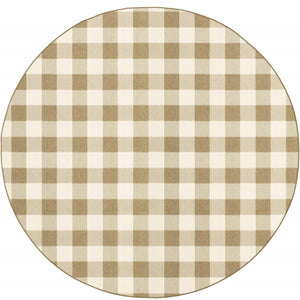 Homeroots 8' X 8' Gray And Ivory Round Geometric Stain Resistant Indoor Outdoor Area Rug Tan,Ivory Polypropylene 507021