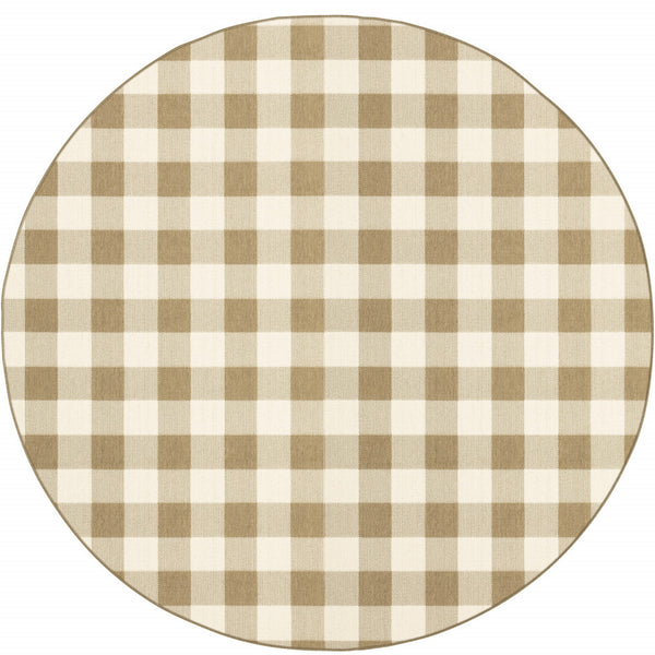 Homeroots 8' X 8' Gray And Ivory Round Geometric Stain Resistant Indoor Outdoor Area Rug Tan,Ivory Polypropylene 507021