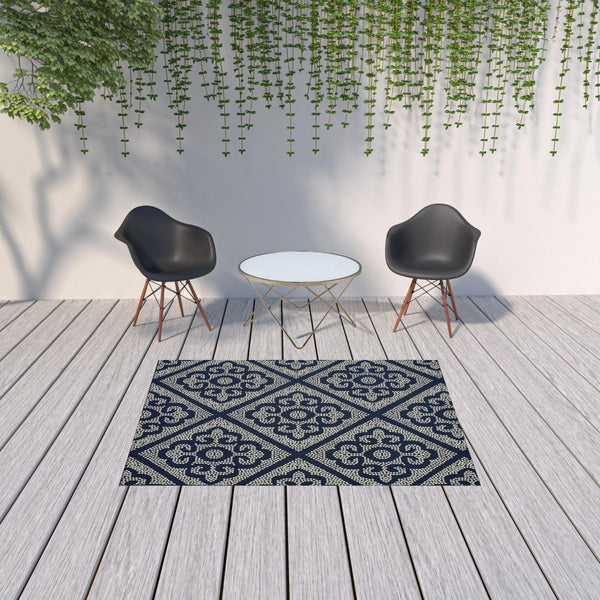 HomeRoots 5' Blue and Ivory Geometric Area Rug - Stylish, Stain Resistant, Perfect for Indoor and Outdoor Use 5'3" x 7'6" 507026