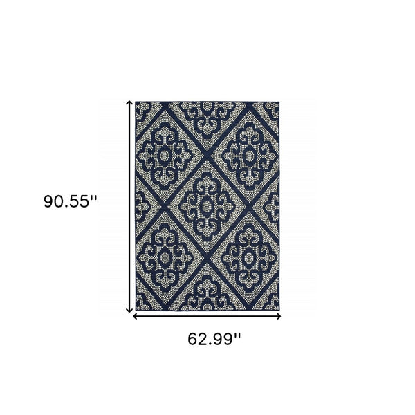 HomeRoots 5' Blue and Ivory Geometric Area Rug - Stylish, Stain Resistant, Perfect for Indoor and Outdoor Use 5'3" x 7'6" 507026