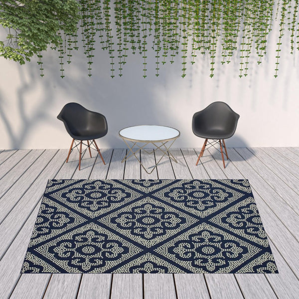HomeRoots 5' Blue and Ivory Geometric Area Rug - Stylish, Stain Resistant, Perfect for Indoor and Outdoor Use 7'10" x 10'10" 507028