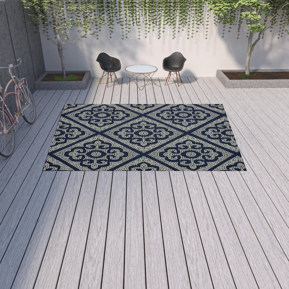 HomeRoots 5' Blue and Ivory Geometric Area Rug - Stylish, Stain Resistant, Perfect for Indoor and Outdoor Use 8'6" x 13' 507029