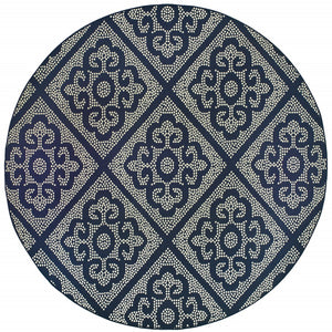 HomeRoots 5' Blue and Ivory Geometric Area Rug - Stylish, Stain Resistant, Perfect for Indoor and Outdoor Use 7'10" Round 507030