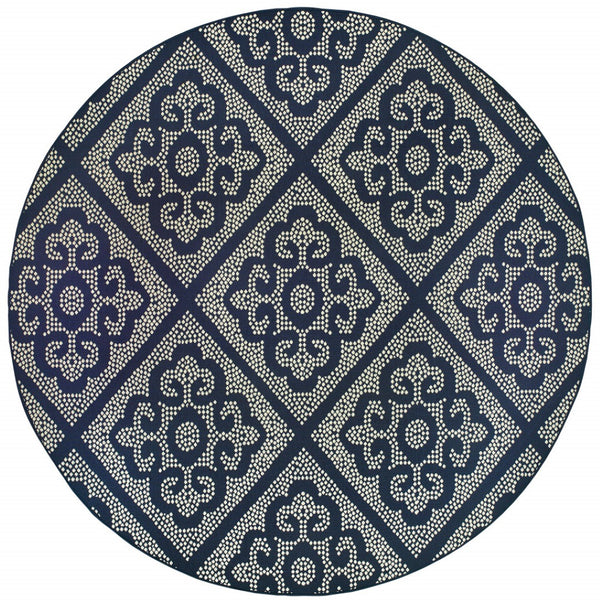 HomeRoots 5' Blue and Ivory Geometric Area Rug - Stylish, Stain Resistant, Perfect for Indoor and Outdoor Use 7'10" Round 507030