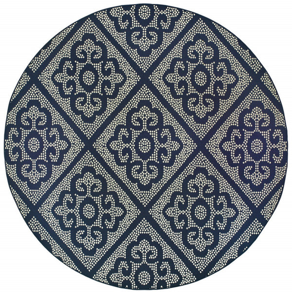 HomeRoots 5' Blue and Ivory Geometric Area Rug - Stylish, Stain Resistant, Perfect for Indoor and Outdoor Use 7'10" Round 507030