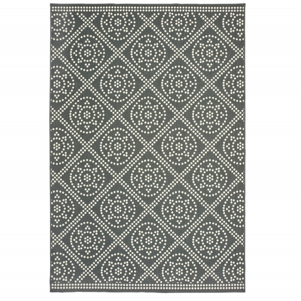 HomeRoots 5' Gray and Ivory Geometric Area Rug - Stain Resistant, Versatile for Indoor and Outdoor Spaces 8'6" x 13' 507038