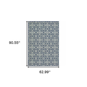 HomeRoots 5' Indoor Outdoor Area Rug in Ivory and Blue – Stylish Geometric Design, Durable, Stain Resistant 5'3" x 7'6" 507044