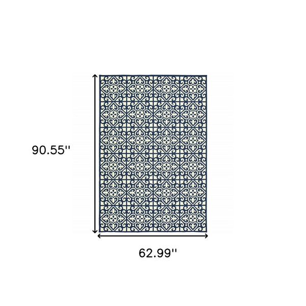 HomeRoots 5' Indoor Outdoor Area Rug in Ivory and Blue – Stylish Geometric Design, Durable, Stain Resistant 5'3" x 7'6" 507044