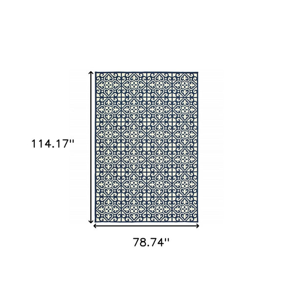 HomeRoots 5' Indoor Outdoor Area Rug in Ivory and Blue – Stylish Geometric Design, Durable, Stain Resistant 6'7" x 9'6" 507045
