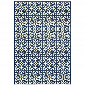 HomeRoots 5' Indoor Outdoor Area Rug in Ivory and Blue – Stylish Geometric Design, Durable, Stain Resistant 7'10" x 10'10" 507046