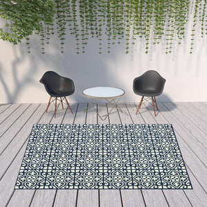 HomeRoots 5' Indoor Outdoor Area Rug in Ivory and Blue – Stylish Geometric Design, Durable, Stain Resistant 7'10" x 10'10" 507046