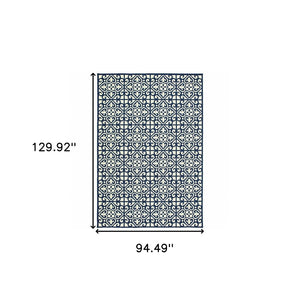 HomeRoots 5' Indoor Outdoor Area Rug in Ivory and Blue – Stylish Geometric Design, Durable, Stain Resistant 7'10" x 10'10" 507046