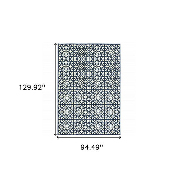 HomeRoots 5' Indoor Outdoor Area Rug in Ivory and Blue – Stylish Geometric Design, Durable, Stain Resistant 7'10" x 10'10" 507046