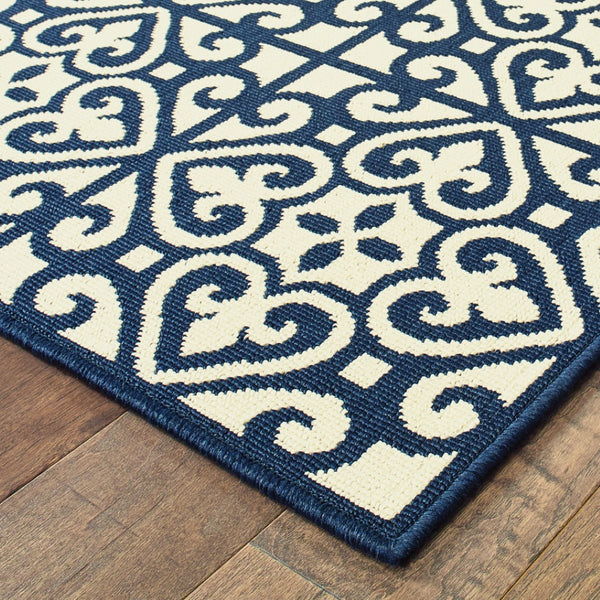 HomeRoots 5' Indoor Outdoor Area Rug in Ivory and Blue – Stylish Geometric Design, Durable, Stain Resistant 8'6" x 13' 507047