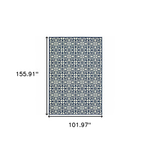 HomeRoots 5' Indoor Outdoor Area Rug in Ivory and Blue – Stylish Geometric Design, Durable, Stain Resistant 8'6" x 13' 507047