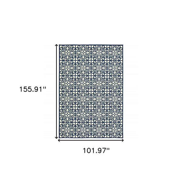 HomeRoots 5' Indoor Outdoor Area Rug in Ivory and Blue – Stylish Geometric Design, Durable, Stain Resistant 8'6" x 13' 507047