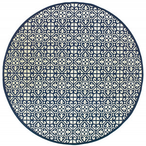 HomeRoots 5' Indoor Outdoor Area Rug in Ivory and Blue – Stylish Geometric Design, Durable, Stain Resistant 7'10" Round 507048
