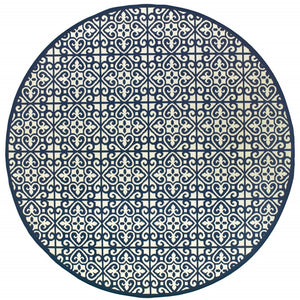 HomeRoots 5' Indoor Outdoor Area Rug in Ivory and Blue – Stylish Geometric Design, Durable, Stain Resistant 7'10" Round 507048
