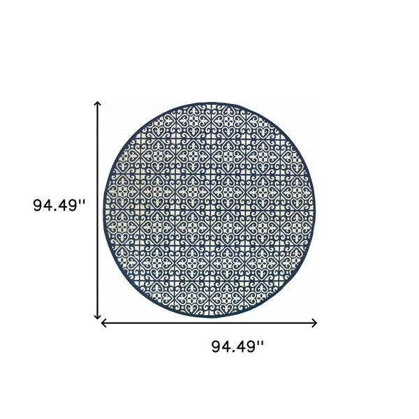 HomeRoots 5' Indoor Outdoor Area Rug in Ivory and Blue – Stylish Geometric Design, Durable, Stain Resistant 7'10" Round 507048