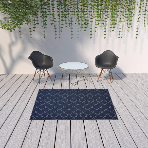 HomeRoots 5' Modern Geometric Stain Resistant Area Rug for Indoor and Outdoor Use - Durable and Stylish Design Navy/ Ivory 5'3" x 7'6" 507062
