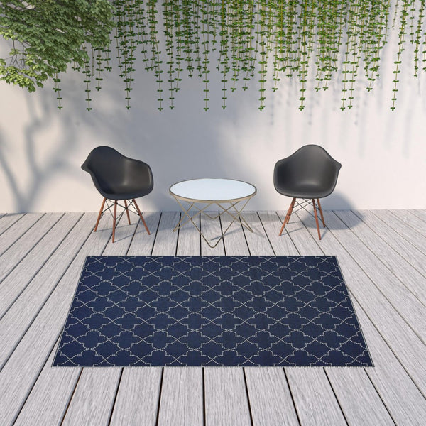 HomeRoots 5' Modern Geometric Stain Resistant Area Rug for Indoor and Outdoor Use - Durable and Stylish Design Navy/ Ivory 6'7" x 9'6" 507063