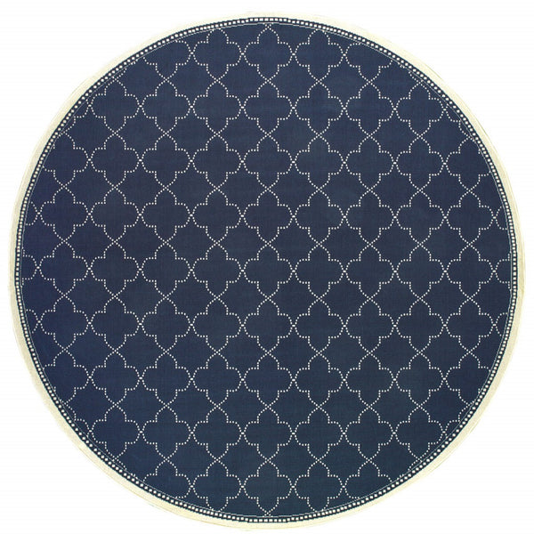 HomeRoots 5' Modern Geometric Stain Resistant Area Rug for Indoor and Outdoor Use - Durable and Stylish Design Navy/ Ivory 7'10" Round 507066
