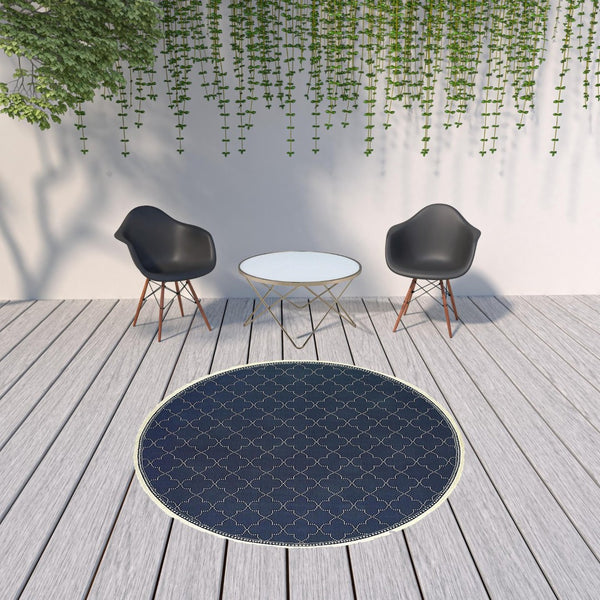 HomeRoots 5' Modern Geometric Stain Resistant Area Rug for Indoor and Outdoor Use - Durable and Stylish Design Navy/ Ivory 7'10" Round 507066