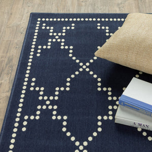 HomeRoots 5' Indoor Outdoor Geometric Area Rug - Stain Resistant Blue and Ivory Design for Versatile Spaces Navy/ Ivory 5'3" x 7'6" 507071