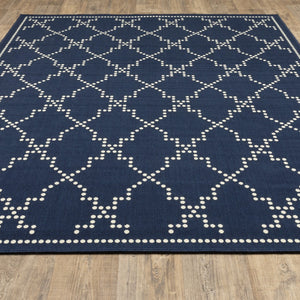 HomeRoots 5' Indoor Outdoor Geometric Area Rug - Stain Resistant Blue and Ivory Design for Versatile Spaces Navy/ Ivory 5'3" x 7'6" 507071