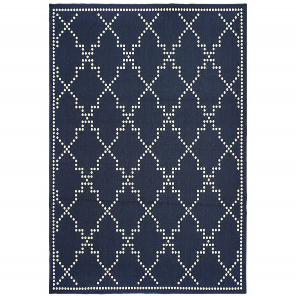 HomeRoots 5' Indoor Outdoor Geometric Area Rug - Stain Resistant Blue and Ivory Design for Versatile Spaces Navy/ Ivory 6'7" x 9'6" 507072