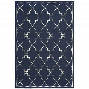 HomeRoots 5' Indoor Outdoor Geometric Area Rug - Stain Resistant Blue and Ivory Design for Versatile Spaces Navy/ Ivory 7'10" x 10'10" 507073
