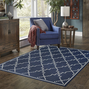 HomeRoots 5' Indoor Outdoor Geometric Area Rug - Stain Resistant Blue and Ivory Design for Versatile Spaces Navy/ Ivory 7'10" x 10'10" 507073