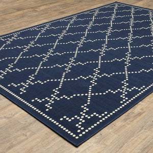 HomeRoots 5' Indoor Outdoor Geometric Area Rug - Stain Resistant Blue and Ivory Design for Versatile Spaces Navy/ Ivory 7'10" x 10'10" 507073