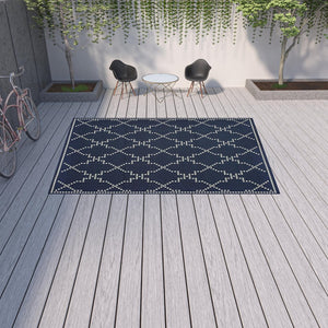 HomeRoots 5' Indoor Outdoor Geometric Area Rug - Stain Resistant Blue and Ivory Design for Versatile Spaces Navy/ Ivory 8'6" x 13' 507074