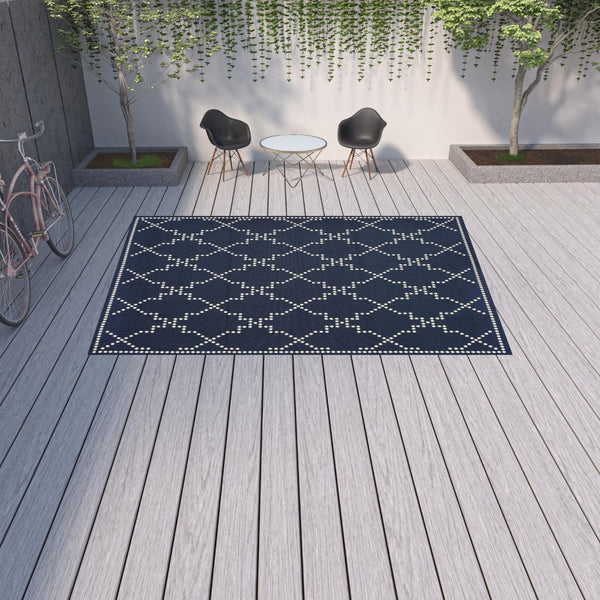 HomeRoots 5' Indoor Outdoor Geometric Area Rug - Stain Resistant Blue and Ivory Design for Versatile Spaces Navy/ Ivory 8'6" x 13' 507074