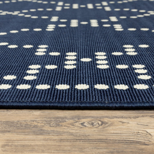 HomeRoots 5' Indoor Outdoor Geometric Area Rug - Stain Resistant Blue and Ivory Design for Versatile Spaces Navy/ Ivory 8'6" x 13' 507074