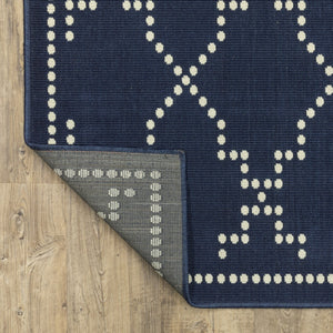 HomeRoots 5' Indoor Outdoor Geometric Area Rug - Stain Resistant Blue and Ivory Design for Versatile Spaces Navy/ Ivory 8'6" x 13' 507074