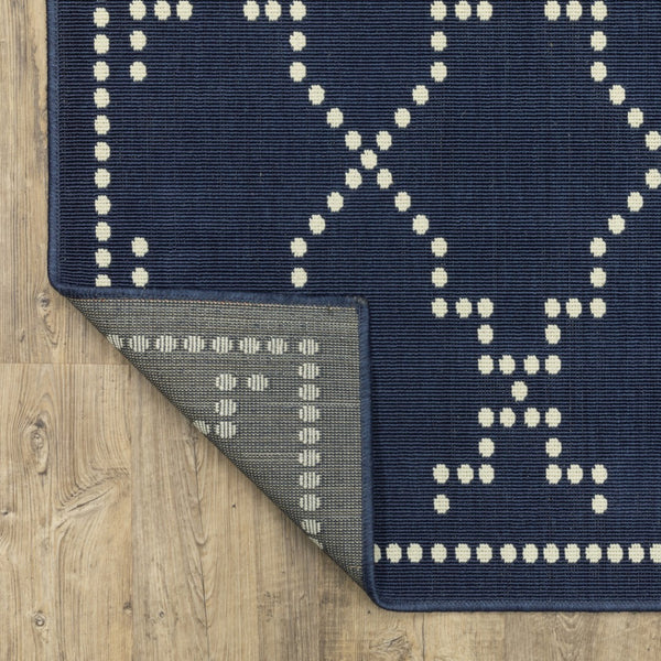HomeRoots 5' Indoor Outdoor Geometric Area Rug - Stain Resistant Blue and Ivory Design for Versatile Spaces Navy/ Ivory 8'6" x 13' 507074